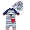 BONVERANO Costume Intero Neonato Manica Corta Protezione UV 50+ Costumi da Bagno con Cerniera(Blu-Cappello,6-9mesi)