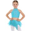 Freebily Abito da Ballo Latino Americano Tango Bambina con Nappe Frange Completo da Pattinaggio Artistico Crop Top + Gonna con Strass e Piume Costume Danza Samba Salsa Blu Verde 9-10 Anni