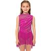 Kaerm Abito da Balletto Ballo Lirico Contemporaneo Bambina Vestito da Pattinaggio Artistico Senza Maniche Body Ginnastica Ritmica con Strass Costume Danza Moderna Samba Rosa Caldo 9-10 Anni