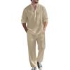 Generico Tuta Uomo Completo Curvy Tuta Estiva Lino Camicia Maniche Lunghe e Pantaloni 2 Pezzi Set Leggera Tute Casual Completi Spiaggia