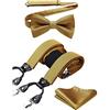 HISDERN Bretelle da Uomo Oro Plaid Eleganti Regolabile 6 Clips di e Forma a Y Elastica Bretelle Papillon e Fazzoletto da Taschino Set da Uomo