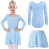 Bezioner Body Danza Classica Bambina con Gonna Rimovibile Vestito da Balletto Gonnellino Danza Manica Lunga Blu 120 (6-8 anni,120-130 cm)