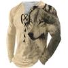 oneforus Maglietta a Manica Lunga con Stampa di Un Lupo Animale da Uomo Vintage 3D Stampato Lace Up Casual Henley Shirt Top Pullover da Strada all'aperto con segni di invecchiamento