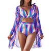 Generico Costume da Bagno Donna Set Bikini Donna Mare 3 Pezzi con Stampa Floreale Elegante Costume Intero Maniche Lunghe e Copricostumo