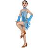 Generico Vestito Latino Americano Bambina Abito da Ballo con Paillettes e Frange Body con Gonna Set con Manicotti e Collana Costume di Danza per Gara Spettacolo Vestiti Ballerine per (Sky Blue, 10-12 Years)
