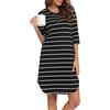 Vlazom Camicia da Notte Donna Cotone a Righe Manica 3/4 con Tasche Lunga Fino Ginocchio，Nero，XL