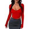 Rongseng Donna Maglietta a Maniche Lunghe Y2k Crop Top Sexy Slim T Shirt con Colletto a Cuore Camicette Eleganti Elasticizzato Cropped Knit Tops Carini Pullover Moda Casual Club Streetwear