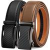 KEMISANT Cintura Uomo 2 Pezzi, Cintura Uomo Pelle Cricchetto Automatica Fibbia 35mm,Trim Regolabile per Adattars(Nero/Tawny,105cm/28-34vita regolabile)