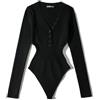 Generic Body da donna con scollo a V profondo a maniche lunghe button down slim aderente magliette in maglia body maglione invernale top monopezzo, Nero , Taglia unica