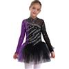 Linyuir Bambina Manica Lunga Vestito Pattinaggio Artistico Ghiaccio Abito Danza Scintillante Mesh Giromanica Collo Alto Body con Gonna Tutu Abbigliamento Gara Nero Viola 5-6 Anni