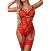 Evelife Set di lingerie sexy da donna in pizzo con polsini alla coscia, biancheria intima, babydoll con giarrettiera alla coscia senza calze, Rosso, M