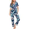 Lovasy Pigiama Donna Estivo Set Cotone Camicia con Bottoni Comodo Pantaloni Lunghi Manica Corta Aperto Davanti Lungo,Blu,XXL