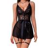 Aranmei Lingerie Sexy da Donna Pizzo Floreale Camicia Da Notte Delle Donne Biancheria Da Notte Maglia Camicia da Notte con Reggicalze, Nero , M