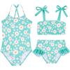 Kids4ever Costume da Bagno Bambina 3 Pezzi, Intero Stampa Margherita, Bretelle Regolabili, Asciugatura Rapida, Traspirante, Bikini, Verde, per Bambini 6-7 Anni