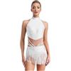Oyolan Fdonna Body da ginnastica da donna Tuta da pattinaggio di figura Tuta da ballo latino con frangia e strass Costume per competizione, Bianco, S