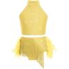 Mufeng Completo Danza Classica Moderna Bambina Halter Crop Top da Ballo Jazz Hip Hop Canotta con Paillettes + Piume Gonna Abito da Pattinaggio Artistico
