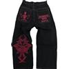 OATSBAS Y2K Beggy Jeans da Donna e da Uomo, in Denim, con Ricamo a Teschio, Stile Gotico, Pantaloni Dritti a Gamba Larga, Nero-Rosso, S