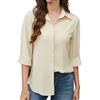 Stamain Camicia Donna Beige Manica Lunga in Chiffon Camicetta Elegante da Lavoro Casual Camicie Scollo a V con Bottoni XXL