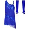 LumiJour Vestito Latino Bambine Abito Torneo con Paillettes Vestito Ballo Scintillante Asimmetrico con Spalline con Frange Flapper con Guanti Abito Ballo Spettacoli Blu Reale 9-10 Anni