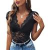 Generisch Body Donna Pizzo Sexy Scollo V Manica Corta Aderente Vita Alta Leggero Trasparente Moda