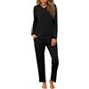 Litherday Pigiama Donna Invernale Cotone 95% Due Pezzi con Maglia Manica Lunga Scollo a V in Pizzo e Pantaloni Lunghi con Tasche Ropa da Casa Morbido Nero M