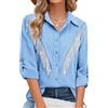 MYMORE - Camicia da donna con bottoni e frange di strass, maniche a 3/4, scintillante top da concerto, XX-Large