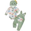 ESSECMBS 3Pz Set Completino Neonato Maschio Tuta Dinosauro Bimbo Pagliaccetto con Maniche Lunghe Bodysuit con Bottoni+Pantaloni con Bretelle+Cappollo Dinosauro (Verde, 6-12 Months)
