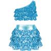Riismen Vestito da Ballo Bambina Latino Americano Paillettes Abito da Ballo Tutu Monospalla Crop Top Tango Costume Salsa Jazz Dancewear Artistico Vestito da Pattinaggio Cielo Blu 5-6 Anni