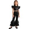 iEFiEL Ragazza Tuta da Ballo Latino con Paillettes Glitterate Top Corto Maniche a Volant e Pantaloni Zampa a Balze Completo da Ginnastica Danza Jazz Hip Hop Festa Nero 11-12 Anni