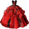 Fuomomo Abiti da Quinceanera gotici con Tulle e Pizzo Floreale Nero Abiti da Quinceanera e Sweet 15 in Stile Bohémien con Spalle Scoperte MT048