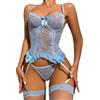 Aranmei Set di Lingerie da Donna Body Sexy in Pizzo con Calze Giarrettiera in Pizzo Floreale Lingerie Intimo Outfit Teddy Babydoll con Coscia Alta (Blu,S
