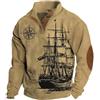 kewing Uomo Barca A Vela Stampato Stand Collare Polo Finta Manica Lunga Maglioni Vintage Polo Felpe