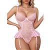 EVELIFE Set di lingerie da donna in pizzo, elegante body in pizzo con spalline regolabili e reggicalze senza calze S-XXL, Colore: rosa., S