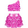 Raenseen Vestito da Balletto Ballo Bambina Latino Tango Paillettes Crop Top Canotta + Gonna di Danza Culottes Vestito da Pattinaggio Jazz Samba Rumba Salsa Rosa Caldo 7-8 Anni