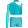 Freebily Tuta da Ginnastica Artistica Bambina Crop Top Danza Moderna Monospalla Maglia con Strass Felpa + Pantaloncini Shorts Completi Hip Hop Pattinaggio Ballo di Strada Blu verde 11-12 anni