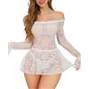 EVELIFE - Camicia da notte sexy da donna, babydoll in pizzo, spalline scoperte, maniche lunghe, mini abito aderente, da sposa, da matrimonio, chemise da notte, bianco, M