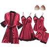 QraraZL Donna 4 Pezzi Set Pigiama in Raso Pizzo Kimono Vestaglia Pigiama Set Sexy Negligee e Pantaloncini Camicia da Notte 4 Pezzi, con Imbottitura Petto Rosso M