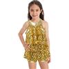Aislor Body da Danza Moderna Bambina Tuta Abito da Ballo Latino Jazz Senza Maniche Abito da Ballerina Ballet Tinta Unita Ragazze Abiti da Balletto con Paillettes Dancewear A Oro 8 anni