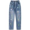 KIDSCOOL SPACE KIDSCOOL Bambine Jeans Ricamati 4-15 Anni Vita Elasticizzata a Coste Denim | Jeans ricamati con fiori per ragazze, pantaloni denim con farfalle e vita elastica comoda, perfetti per scuola e moda teen