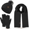 MAGIMODAC Set invernale da donna con cappello, sciarpa e guanti, foderati in pile, con pompon termici e lunghi lavorati a maglia, soffici e caldi guanti per touchscreen, Nero , Etichettalia unica