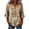 Generico Camicia Donna, Camicia Lino Donna Estiva Cotone Camicie Elegante Di 3/4 Manica a Volant Scollo a V Con Bottoni Bluse Leggero Camicette Ricamo Vintage Casual Top da Spiaggia Maglietta Leggera e Comoda