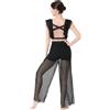 IBAKOM Lyrical Abito da danza da donna, 2 pezzi, in chiffon, con incrocio sulla schiena, body corto corto da balletto, pantaloncini in rete, pantaloni velati, Nero (2 pezzi), Small