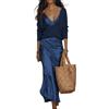 carotoe Set per donna a maniche lunghe con scollatura profonda a V in maglia e abito lungo in satin con sottoveste maxi a due pezzi, completo coordinato a due pezzi, Blu scuro, S