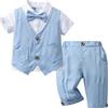 Yishengwan Completo Elegante Bambino Estivi Cerimonia Nozze Abbigliamento, Camicie + Papillon + Gilet + Pantaloncini, 4 Pezzi Blu 9-12 Mesi