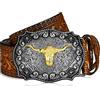 Jadive Cintura Cowboy Occidentale a Toro con Incisione Floreale Cintura con Fibbia in Pelle per Uomo (Cammello, 43 Pollici)
