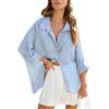 Homlan Camicia da Donna a Maniche Lunghe, Elegante, con Scollo a V, Casual, in Lino, con Bottoni, con Tasche sul Petto, Azzurro, S