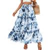 Vossmi Gonna Lunga Casual da Donna Gonna Estiva Svasata Vita Alta Gonne da Donna Eleganti e Fiore Gonne Midi Pieghettata con Coulisse Autunno Blu e Bianco,L
