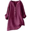 Generico Magliette Lino Donna Scollo a V Manica Lunga Tinte Unite - Moda Donna Primavera Estate, Maglietta Caratteristico Casual Maglia Unico Vintage Vino M