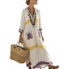 Generico Boho Caftano Vestito Lungo Donna - Estate Elegante Scollo V Mezze Maniche Lino Stampa vestibilità Ampia con Tasche Abito Spiaggia Vacanza Casual Chic Leggero Traspirante