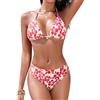Vijamiy Costume Donna Due Pezzi Costumi da Bagno Vita Alta Curvy Halter Triangolo Push Up Bikini Set Mare Regolabile Sexy Beachwear con Pendente Floreale(Beige e Rosso,XS)